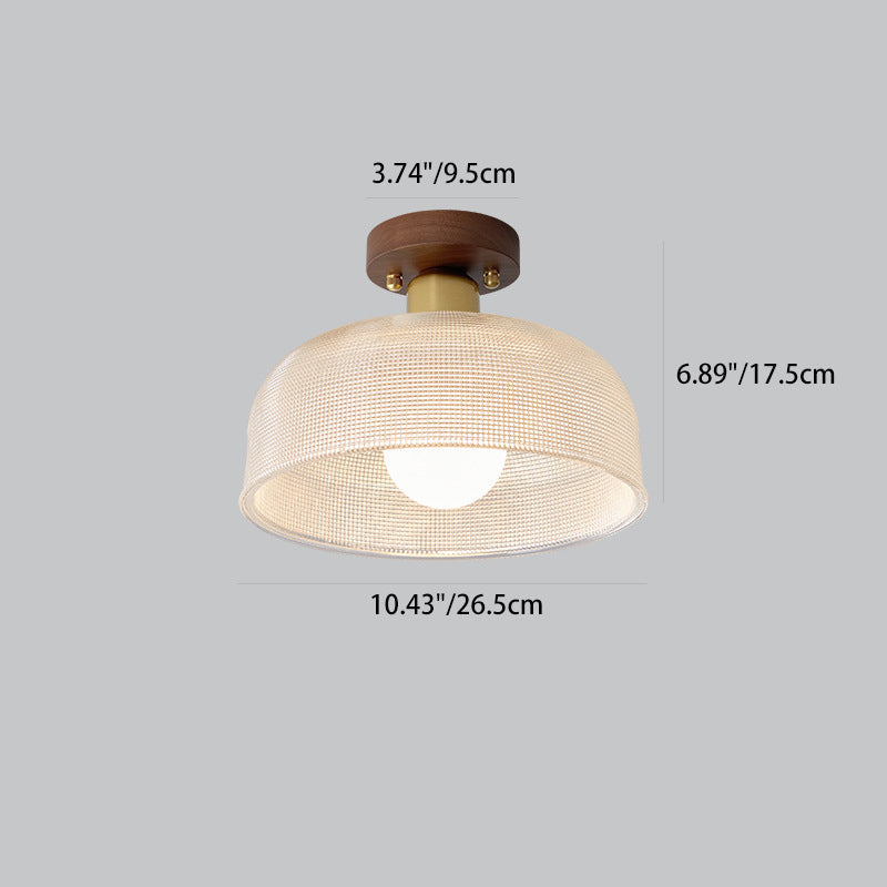 Traditional Japanese Round Flower Cone Wood Copper Glass 1-Light Semi-Flush Mount Ceiling Light For Living Room