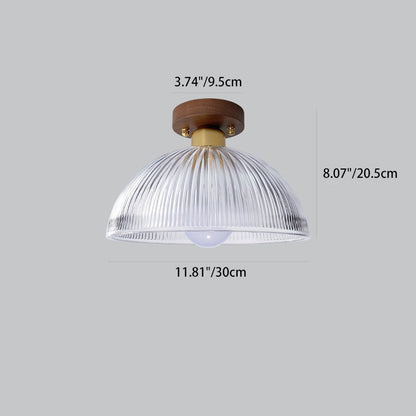 Traditional Japanese Round Striped Glass Wood Copper 1-Light Semi-Flush Mount Ceiling Light For Living Room