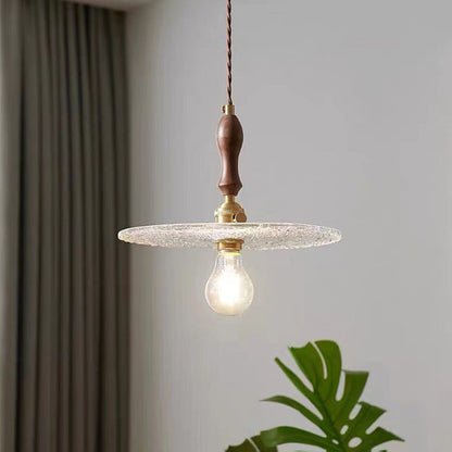 Contemporary Vintage Round Disc Copper Wood Glass 1-Light Pendant Light For Living Room