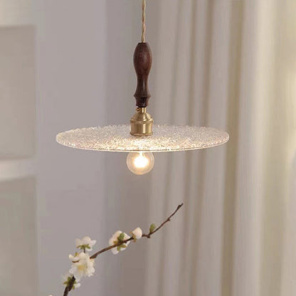 Contemporary Vintage Round Disc Copper Wood Glass 1-Light Pendant Light For Living Room