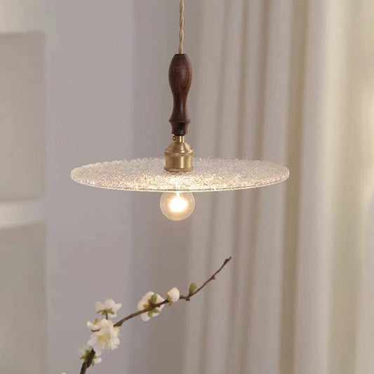 Contemporary Vintage Round Disc Copper Wood Glass 1-Light Pendant Light For Living Room