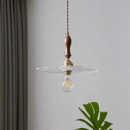 Contemporary Vintage Round Disc Copper Wood Glass 1-Light Pendant Light For Living Room