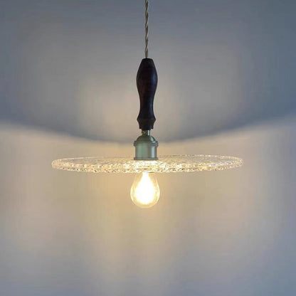 Contemporary Vintage Round Disc Copper Wood Glass 1-Light Pendant Light For Living Room