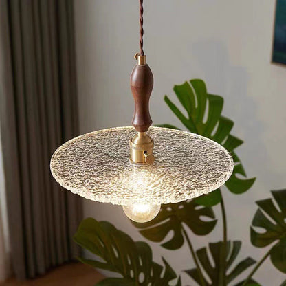 Contemporary Vintage Round Disc Copper Wood Glass 1-Light Pendant Light For Living Room