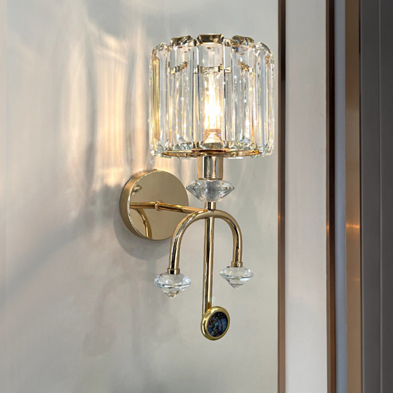 Contemporary Nordic Round Cylinder Iron Crystal 1-Light Wall Sconce Lamp For Living Room