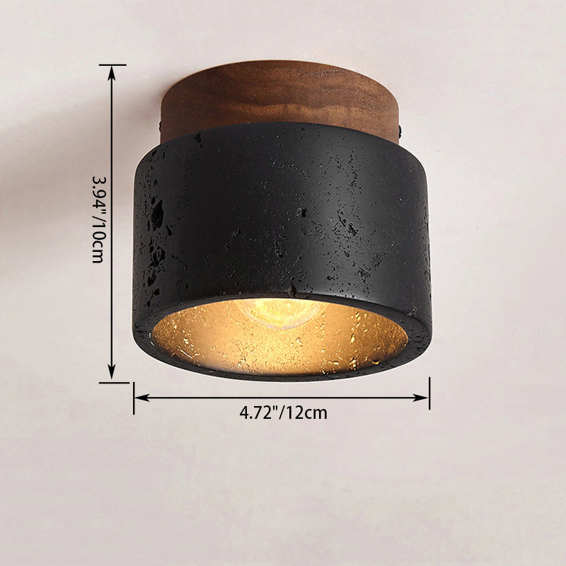 Traditional Japanese Cylindrical Wooden Black Travertine 1-Light Semi-Flush Mount Ceiling Light For Hallway