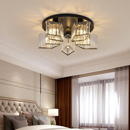 Contemporary Luxury Round Diamond Iron Crystal 3/4/5/6 Light Semi-Flush Mount Ceiling Light For Living Room