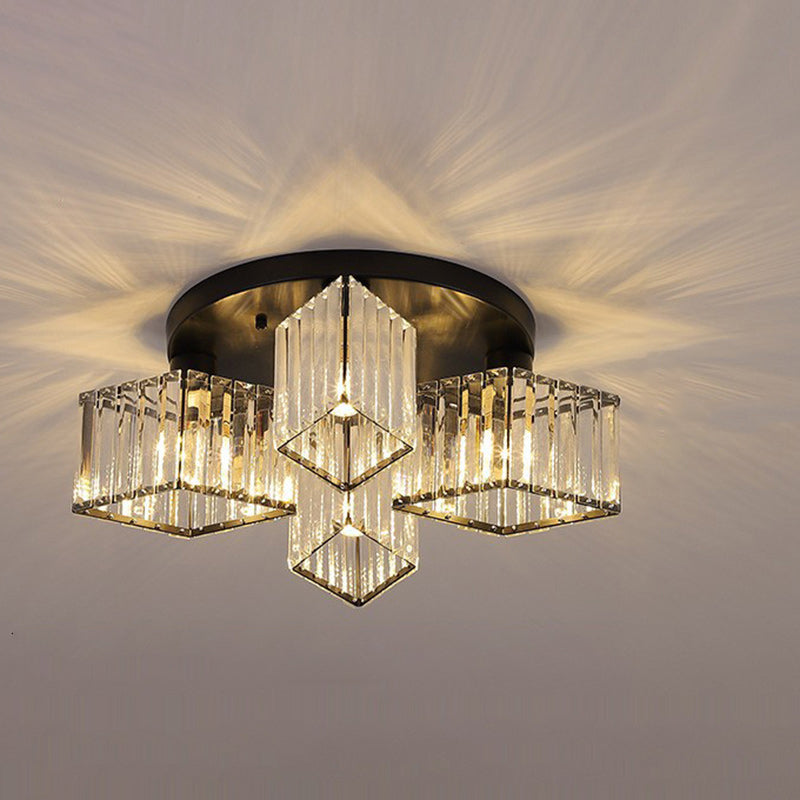 Contemporary Luxury Round Diamond Iron Crystal 3/4/5/6 Light Semi-Flush Mount Ceiling Light For Living Room