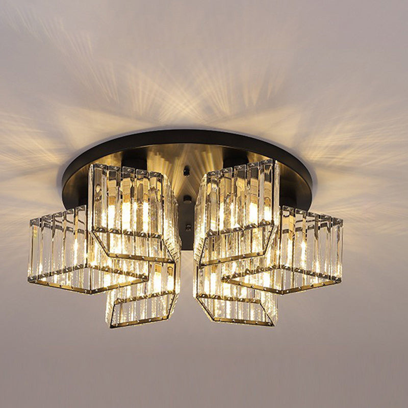 Contemporary Luxury Round Diamond Iron Crystal 3/4/5/6 Light Semi-Flush Mount Ceiling Light For Living Room