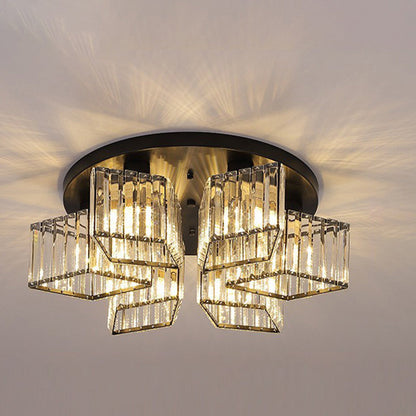 Contemporary Luxury Round Diamond Iron Crystal 3/4/5/6 Light Semi-Flush Mount Ceiling Light For Living Room