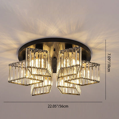 Contemporary Luxury Round Diamond Iron Crystal 3/4/5/6 Light Semi-Flush Mount Ceiling Light For Living Room