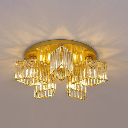 Contemporary Luxury Round Diamond Iron Crystal 3/4/5/6 Light Semi-Flush Mount Ceiling Light For Living Room