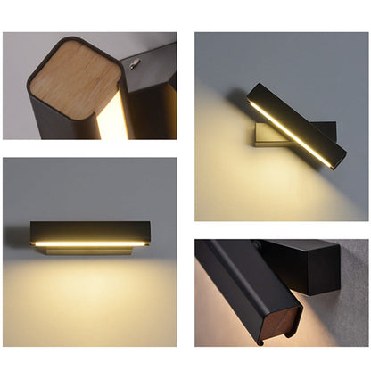 Modern Minimalist Rotatable Rectangular Iron Rubberwood LED Wall Sconce Lamp For Bedroom