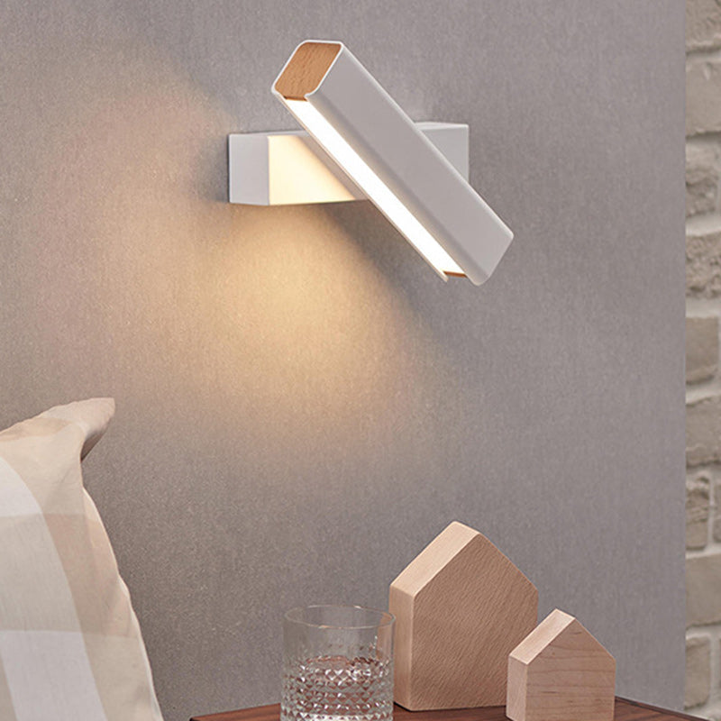 Modern Minimalist Rotatable Rectangular Iron Rubberwood LED Wall Sconce Lamp For Bedroom