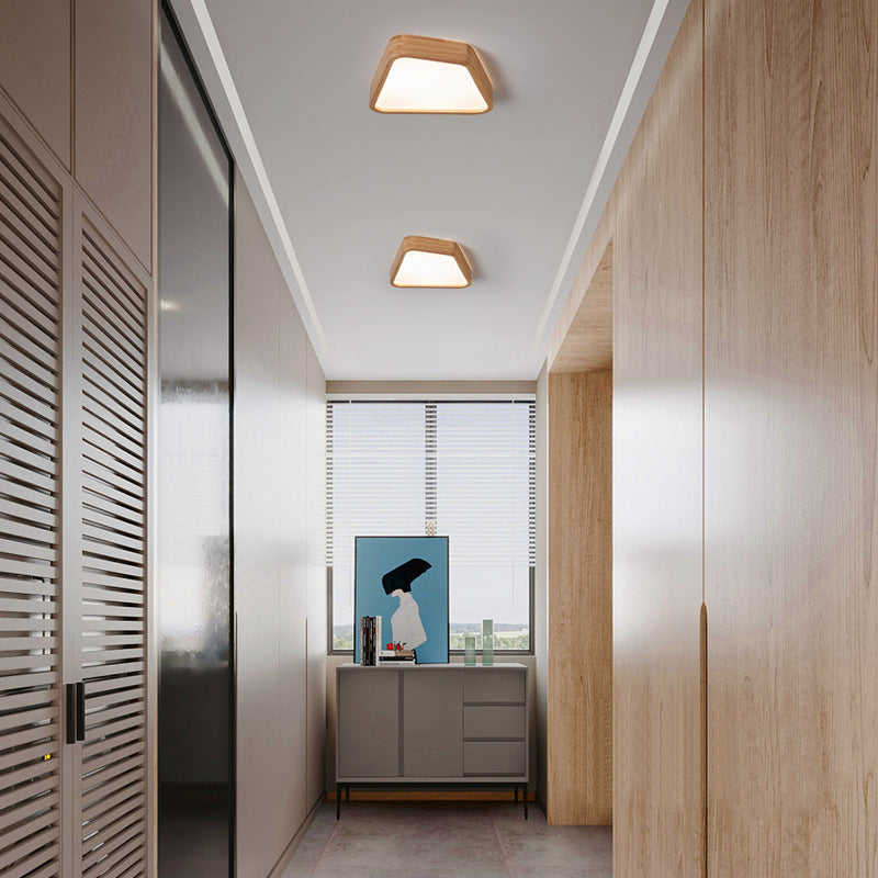 Contemporary Nordic Irregular Trapezoidal Wood PVC LED Flush Mount Ceiling Light For Hallway