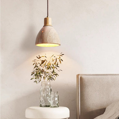 Traditional Japanese Round Half Round Yellow Travertine Solid Wood 1-Light Pendant Light For Living Room