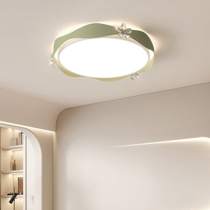 Contemporary Creative Round Flower Wave Iron Crystal PVC LED Flush Mount Ceiling Light For Bedroom