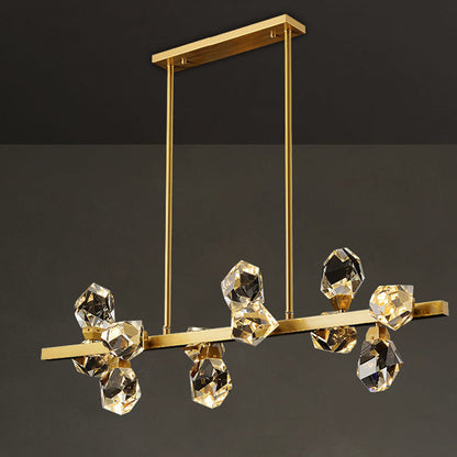 Contemporary Luxury Long Irregular Crystal Full Brass Frame LED Island Light Chandelier For Dining Room