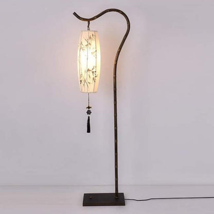 Traditional Chinese Fishing Rod Rectangular Lantern Bamboo Patterned Fabric Iron 1-Light Standing Floor Lamp For Living Room