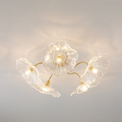 Modern Minimalist Branch Flower Copper Frame Glass Shade 3/5/6 Light Semi-Flush Mount Ceiling Light For Living Room