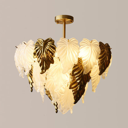 Traditional French Round Leaf Shape Glass Shade Iron 3/6/9/12 Light Chandelier For Living Room