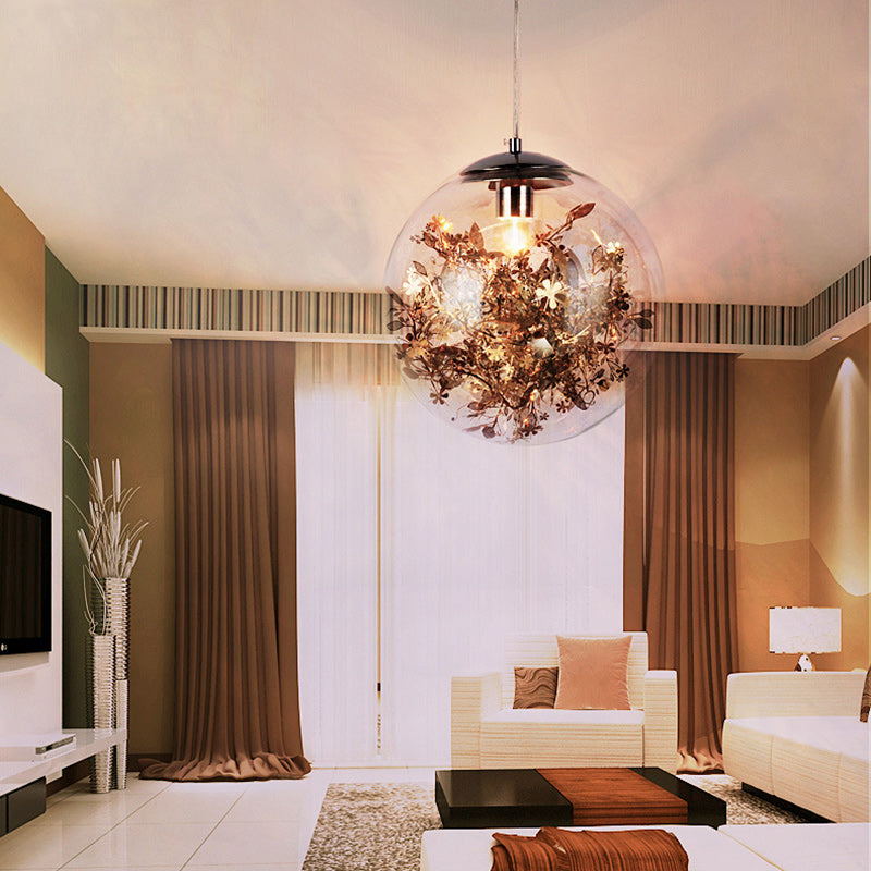 Contemporary Nordic Orb Snowflake Leaf Glass Shade Iron 1-Light Pendant Light For Living Room