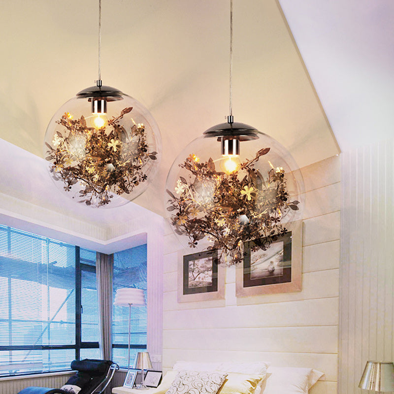 Contemporary Nordic Orb Snowflake Leaf Glass Shade Iron 1-Light Pendant Light For Living Room