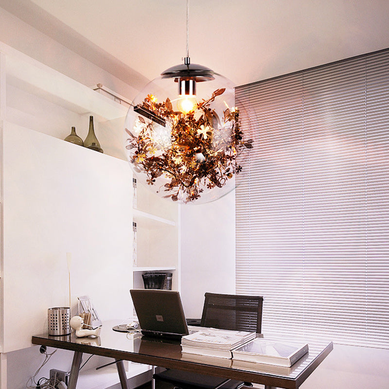 Contemporary Nordic Orb Snowflake Leaf Glass Shade Iron 1-Light Pendant Light For Living Room