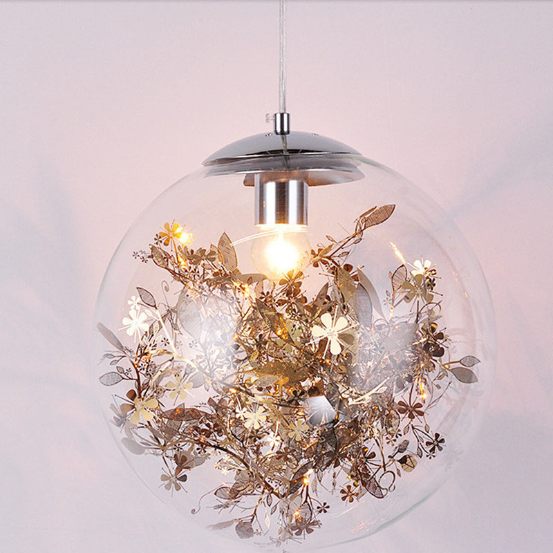 Contemporary Nordic Orb Snowflake Leaf Glass Shade Iron 1-Light Pendant Light For Living Room