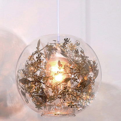 Contemporary Nordic Orb Snowflake Leaf Glass Shade Iron 1-Light Pendant Light For Living Room