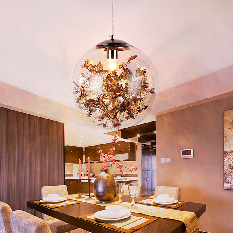Contemporary Nordic Orb Snowflake Leaf Glass Shade Iron 1-Light Pendant Light For Living Room