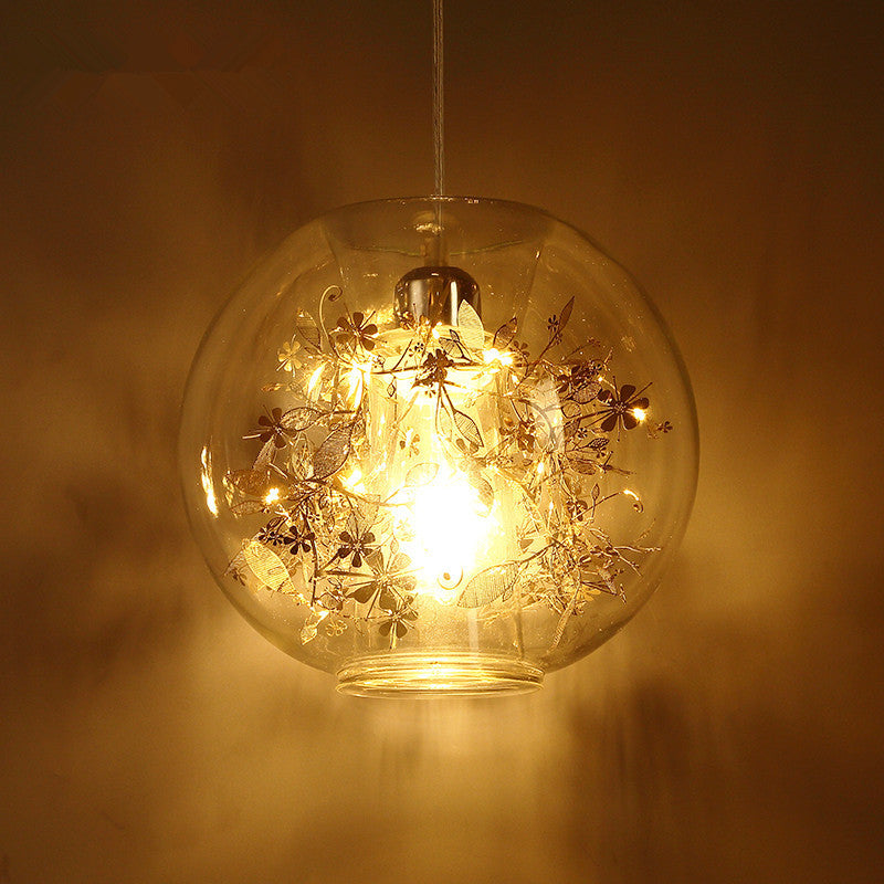 Contemporary Nordic Orb Snowflake Leaf Glass Shade Iron 1-Light Pendant Light For Living Room