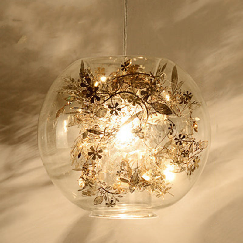 Contemporary Nordic Orb Snowflake Leaf Glass Shade Iron 1-Light Pendant Light For Living Room