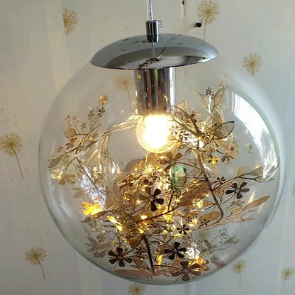 Contemporary Nordic Orb Snowflake Leaf Glass Shade Iron 1-Light Pendant Light For Living Room