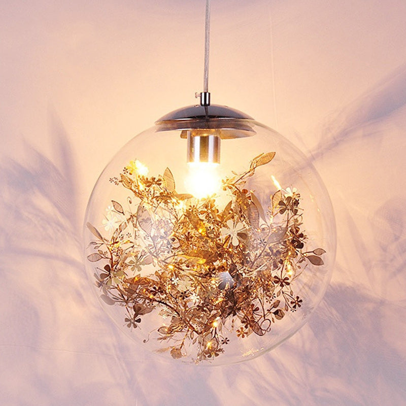 Contemporary Nordic Orb Snowflake Leaf Glass Shade Iron 1-Light Pendant Light For Living Room