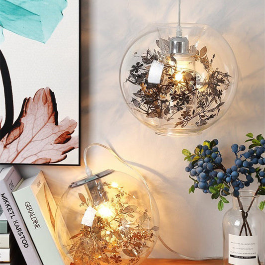 Contemporary Nordic Orb Snowflake Leaf Glass Shade Iron 1-Light Pendant Light For Living Room