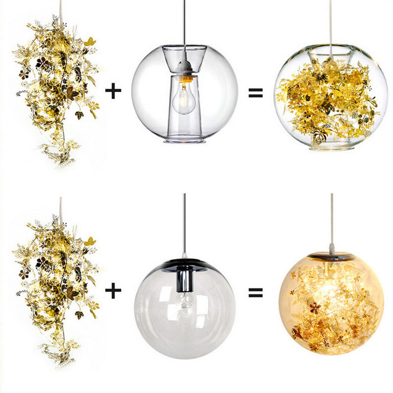 Contemporary Nordic Orb Snowflake Leaf Glass Shade Iron 1-Light Pendant Light For Living Room