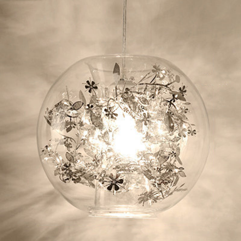 Contemporary Nordic Orb Snowflake Leaf Glass Shade Iron 1-Light Pendant Light For Living Room