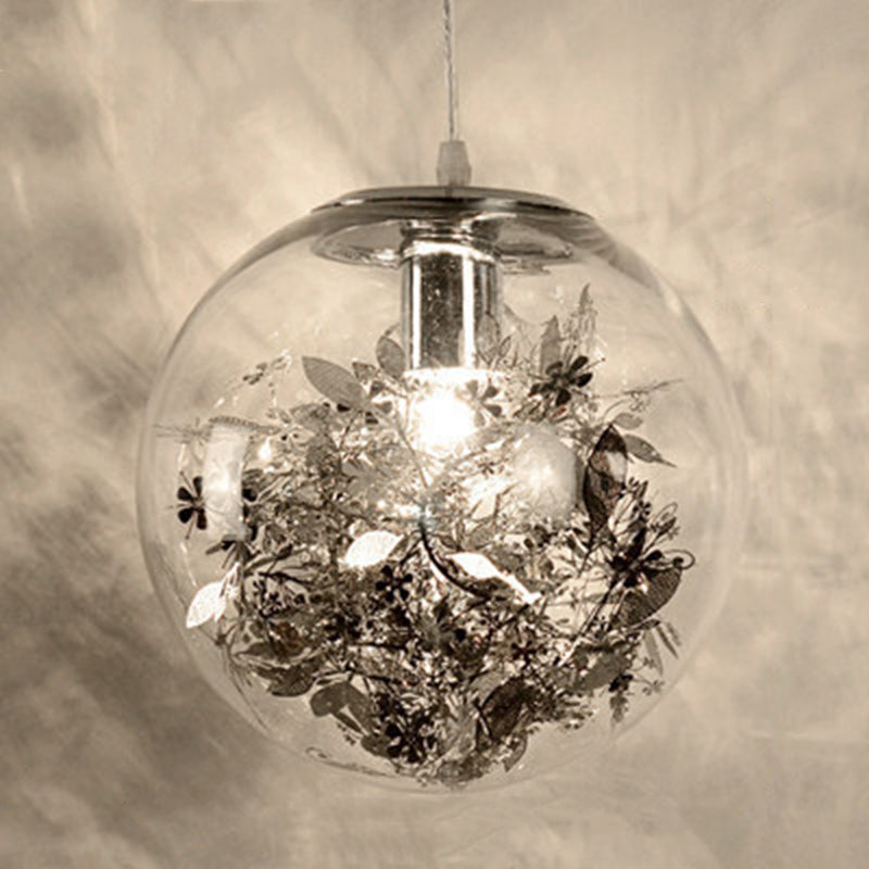 Contemporary Nordic Orb Snowflake Leaf Glass Shade Iron 1-Light Pendant Light For Living Room