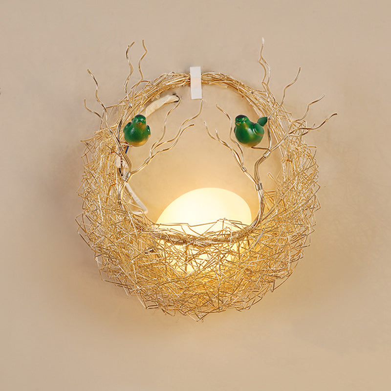 Contemporary Creative Round Bird's Nest Aluminum Hardware Glass 1-Light Wall Sconce Lamp For Living Room