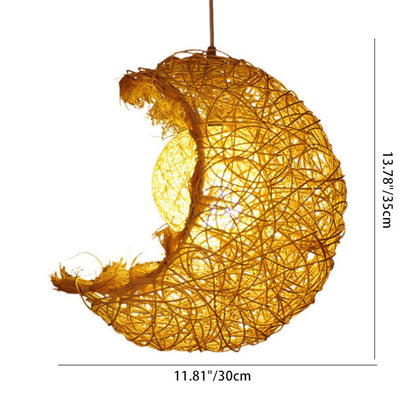 Contemporary Creative Rattan Moon Orb Twine Rope 1-Light Pendant Light For Living Room