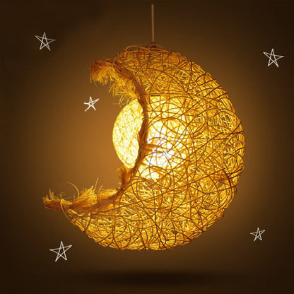 Contemporary Creative Rattan Moon Orb Twine Rope 1-Light Pendant Light For Living Room