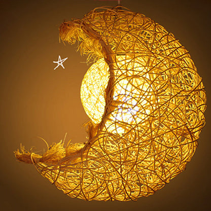 Contemporary Creative Rattan Moon Orb Twine Rope 1-Light Pendant Light For Living Room