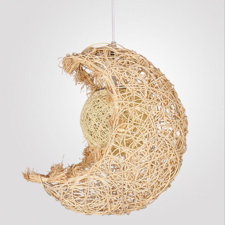 Contemporary Creative Rattan Moon Orb Twine Rope 1-Light Pendant Light For Living Room