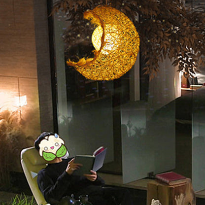 Contemporary Creative Rattan Moon Orb Twine Rope 1-Light Pendant Light For Living Room