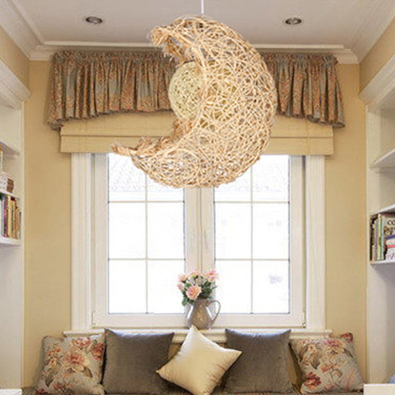 Contemporary Creative Rattan Moon Orb Twine Rope 1-Light Pendant Light For Living Room