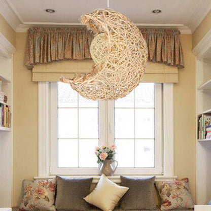 Contemporary Creative Rattan Moon Orb Twine Rope 1-Light Pendant Light For Living Room