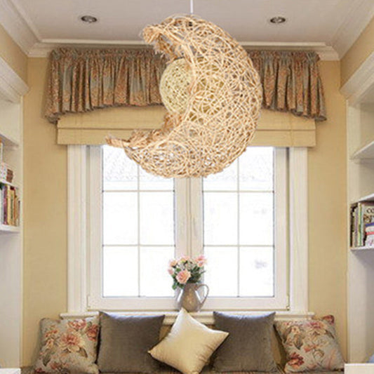 Contemporary Creative Rattan Moon Orb Twine Rope 1-Light Pendant Light For Living Room