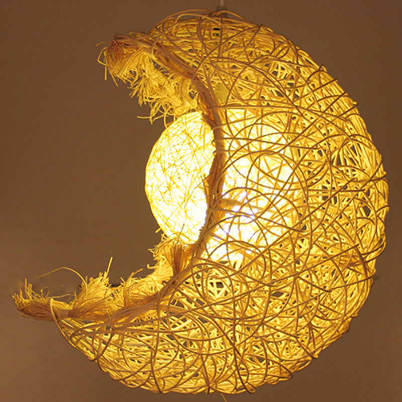 Contemporary Creative Rattan Moon Orb Twine Rope 1-Light Pendant Light For Living Room