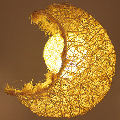 Contemporary Creative Rattan Moon Orb Twine Rope 1-Light Pendant Light For Living Room